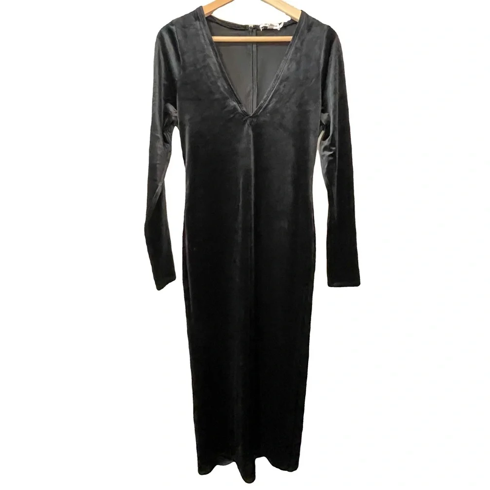 GOOD AMERICAN Black Velvet V-Neck Midi‎ Bodycon Dress